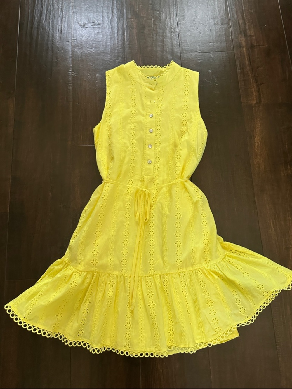 Draper James Yellow Eyelet Tie-Waist Midi Dress with Pockets